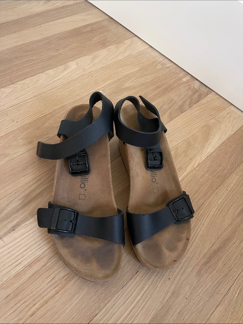 Birkenstock Black Leather Adjustable Buckle Sandals wedge